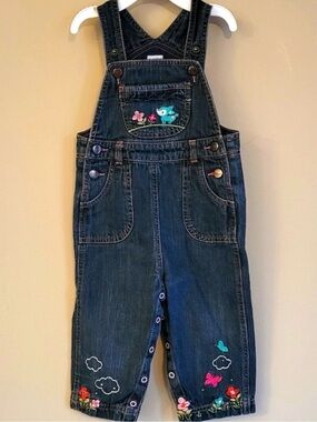 Please Mum Dark Wash Denim Overalls with Embroidered Flowers